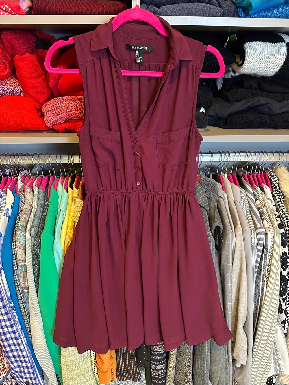 Forever 21 maroon sleeveless v neck 4 pocket lined dress size S